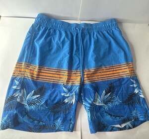 Hot Coals Blue Floral Tropical Swim Trunks with Orange Stripes